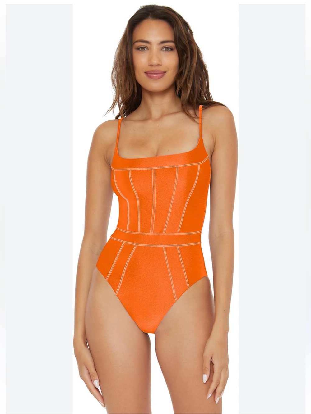 Becca Color Sheen Corset-Seamed One-Piece Swimsuit Tangerine, sz L
